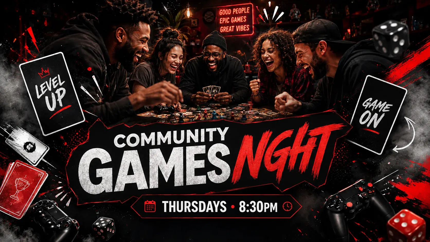 Cinematic mix of controllers, cards, dice and tabletop games representing Lifted Spirits Community Games Night