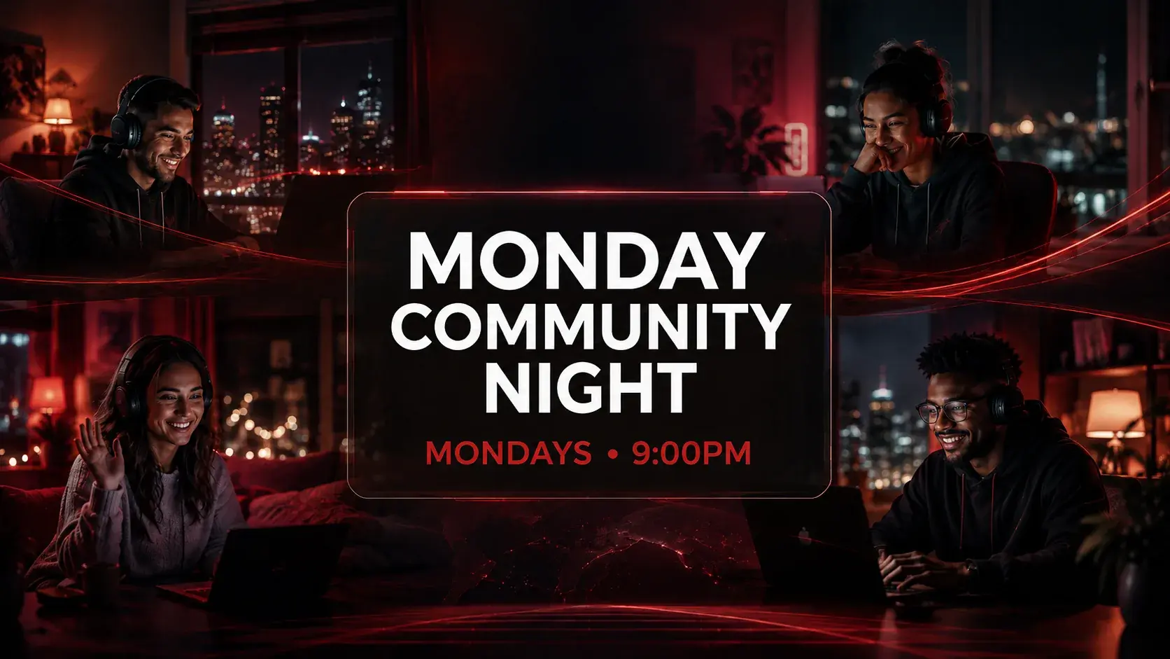 Adults joining Monday Community Night from their own homes through an online Lifted Spirits community session