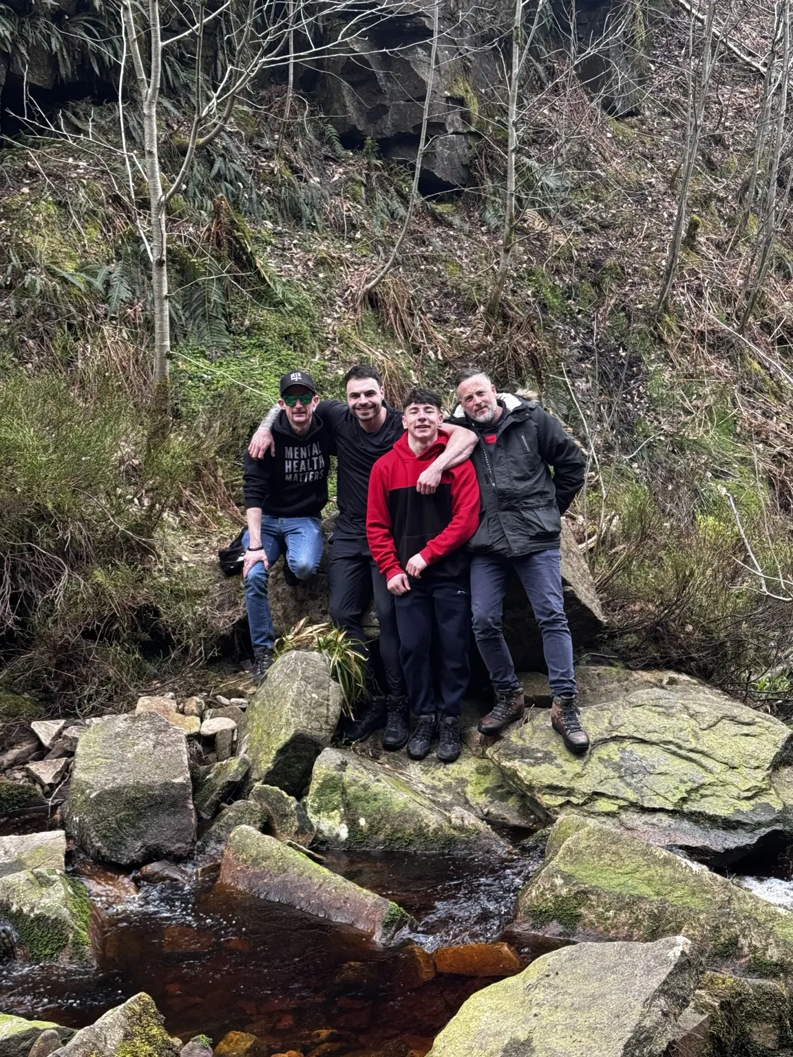 Lifted Spirits members beside the stream on the Black Clough Waterfall walk