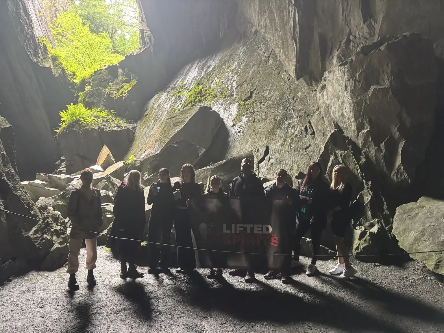 Lifted Spirits members inside Cathedral Quarry at Little Langdale