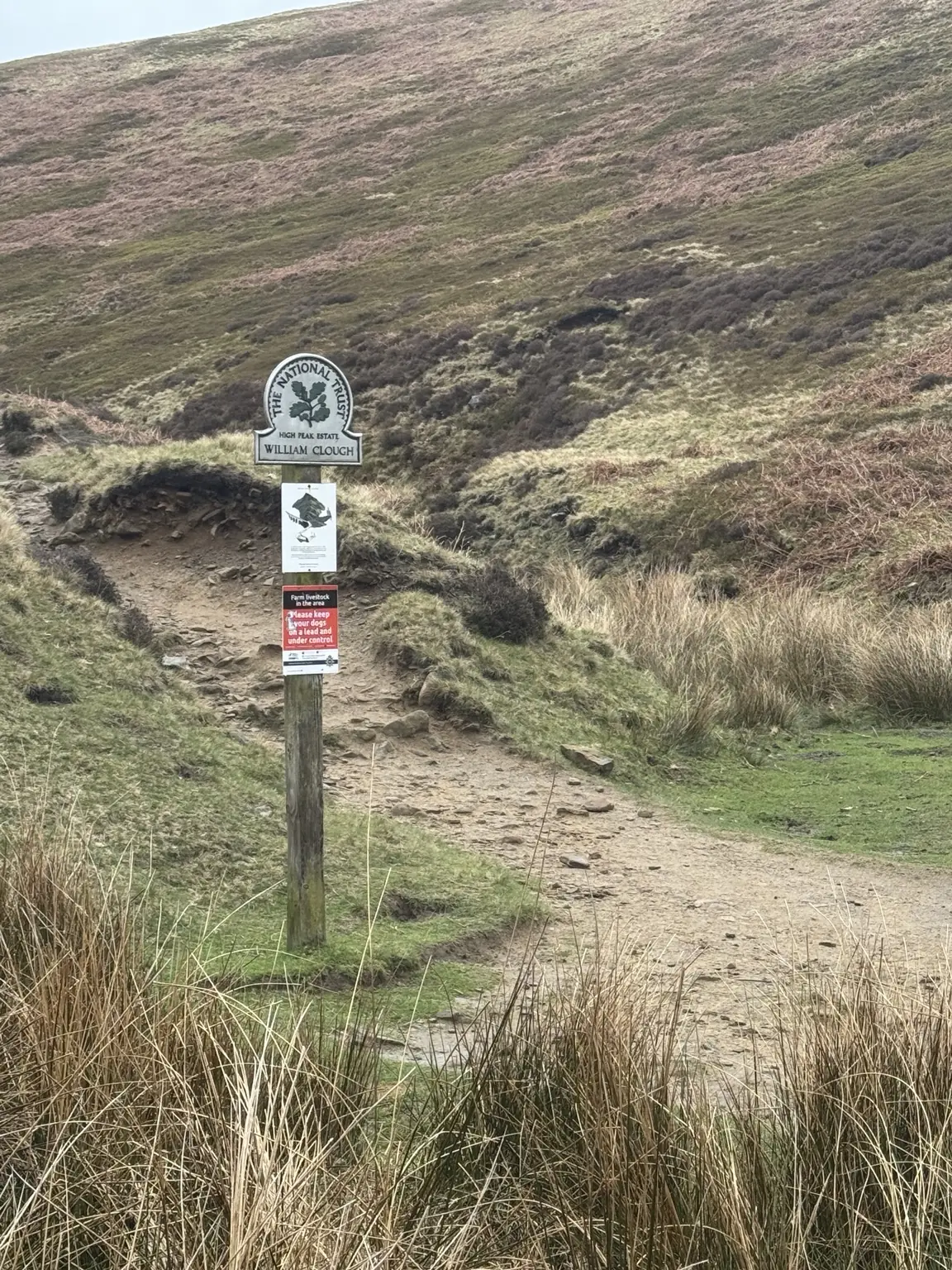 William Clough trail sign near Kinder Reservoir