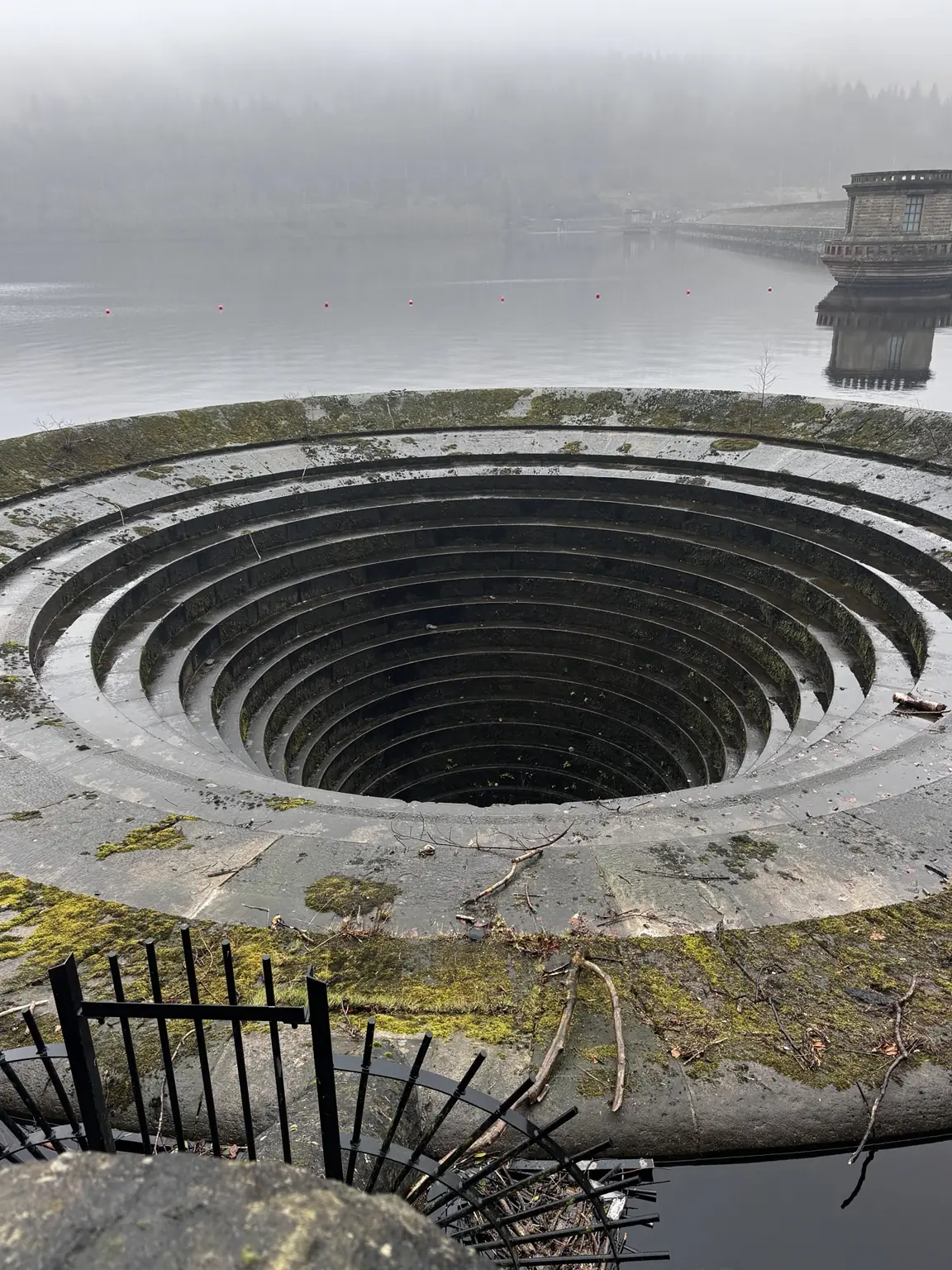 Ladybower Reservoir bellmouth overflow photographed during a Lifted Spirits meet-up